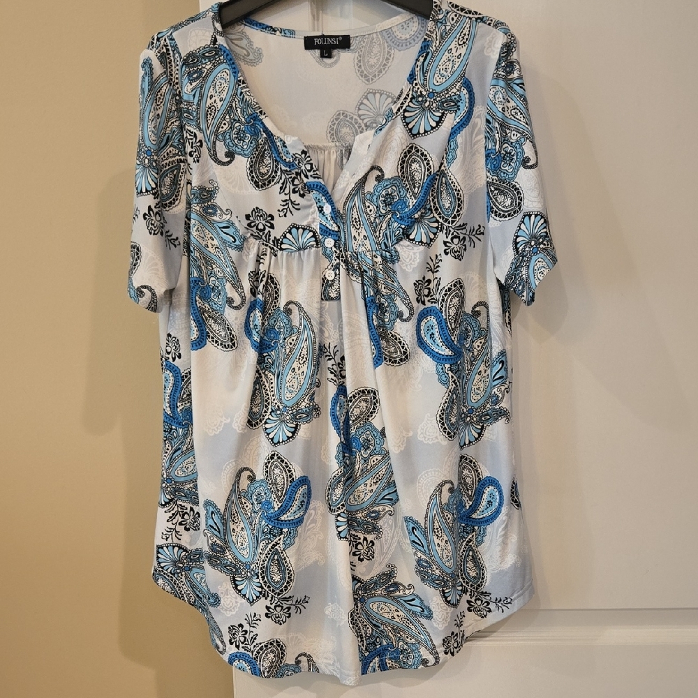 Elegant Blue and White Paisley Blouse